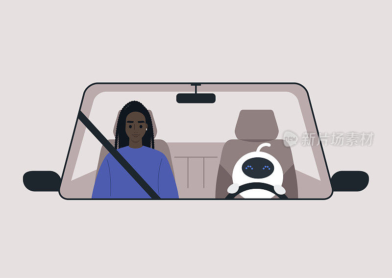 A driverless car concept, a white cute robot driving a vehicle with a passenger on a front seat